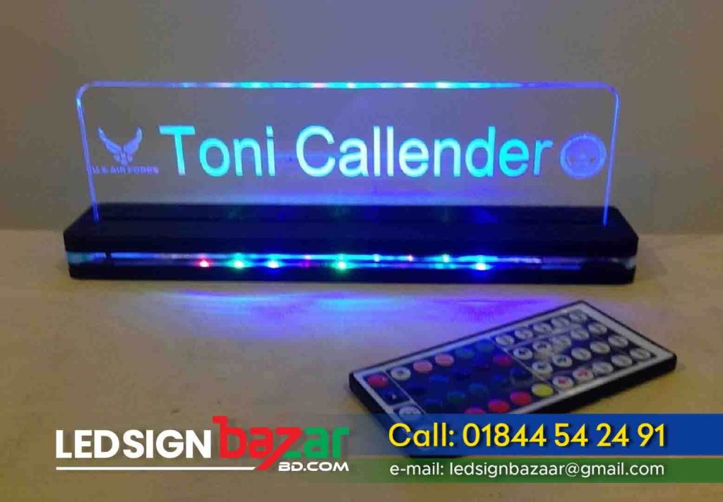 Toni Callender house desk cast acrylic lighting name plate for office in Bangladesh